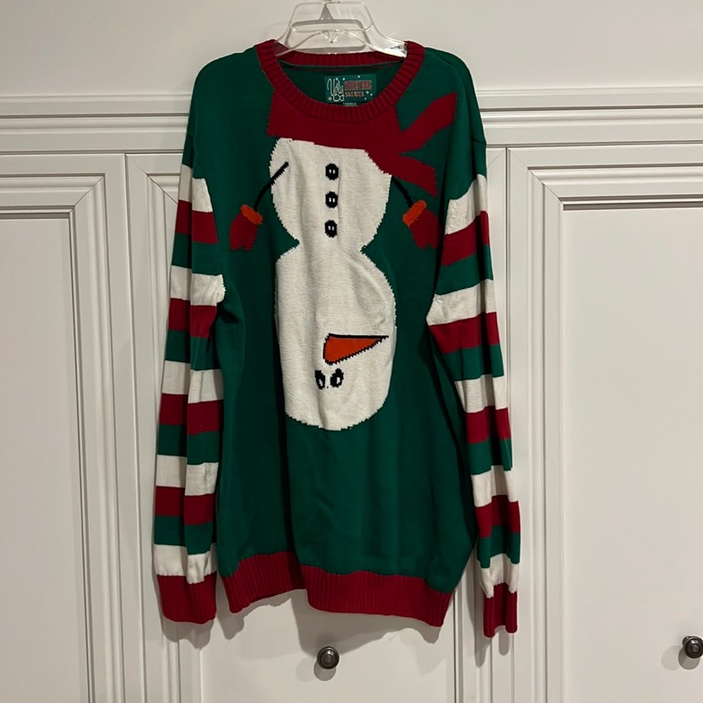 Ugly Christmas Sweater Snowman Sweater Green with Striped Sleeves Size XXL